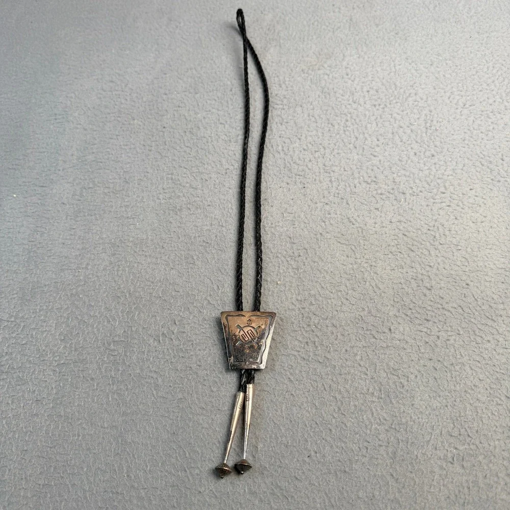 Vintage Hopi Sterling Silver Overlay Turtle Bolo Tie Braided Black Leather Tie